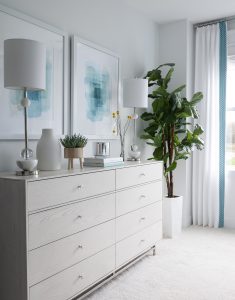 Modern white dresser with green plant